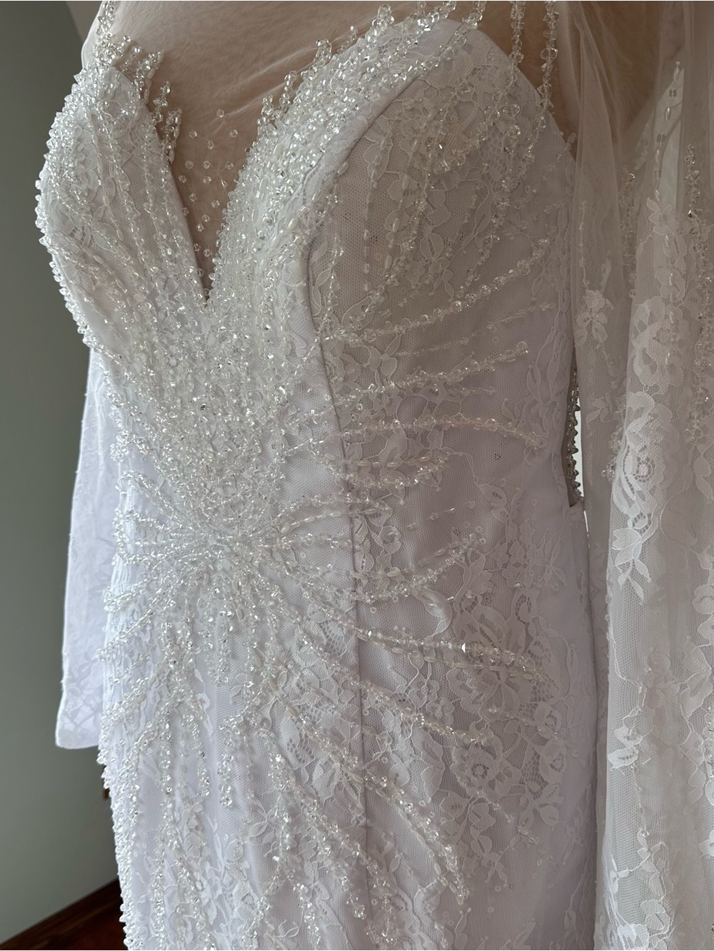 NWOT White Beaded Lace Wedding Dress Long Sleeve Mermaid Gown Sheer Back Train - Picture 3 of 14